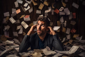 Overwhelmed Debt Portrait Confused Stressed Man His Credit Cards Generative Ai 94628 13444 300x200